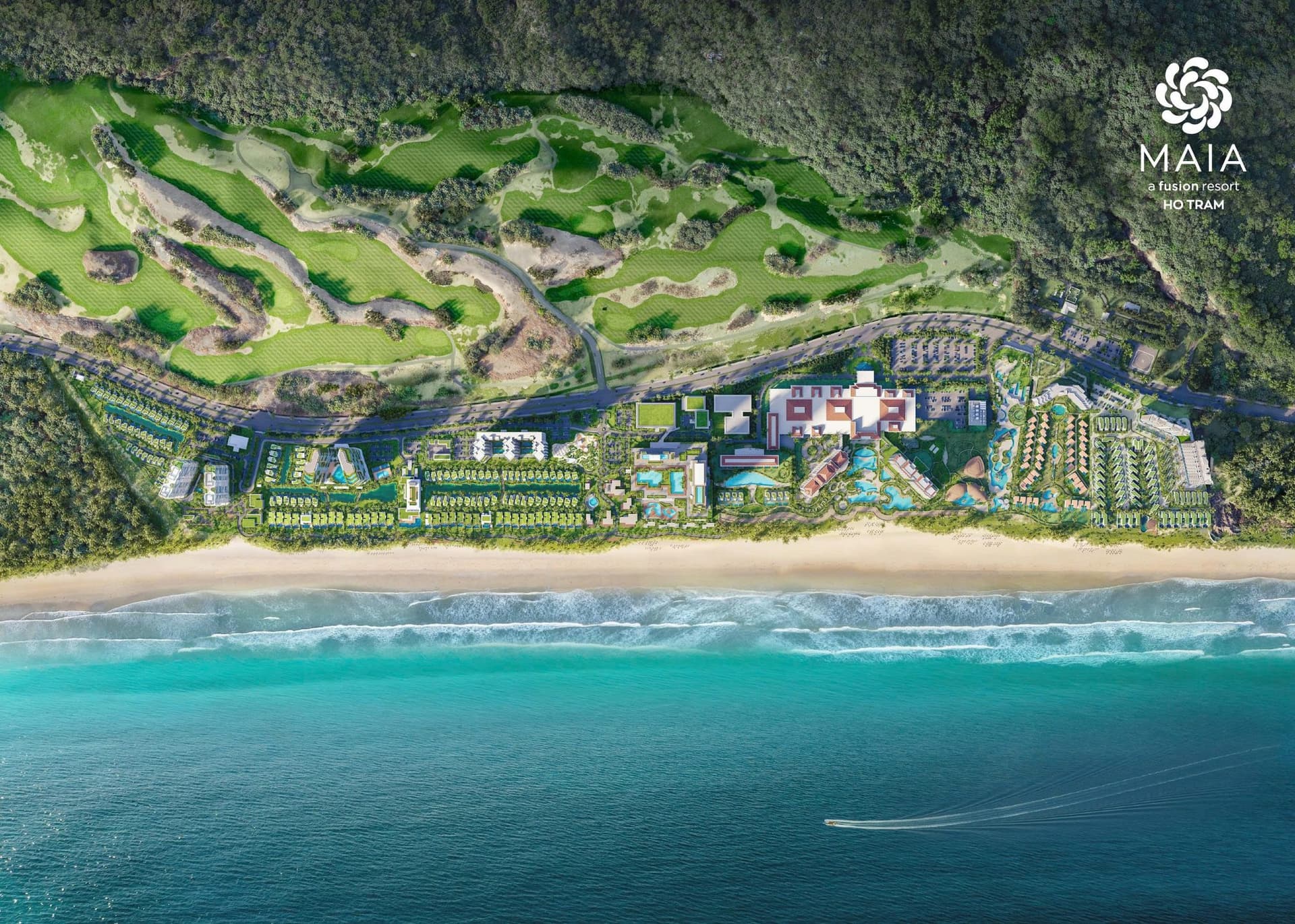 The beachfront location of MAIA / The Grand Ho Tram, with the golf course and coastline